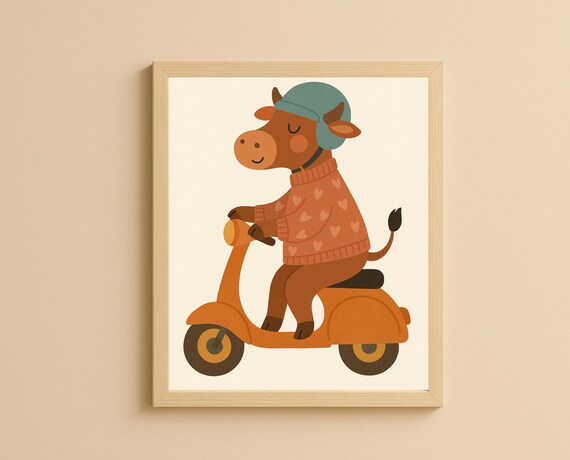 Sweet Cow Riding Scooter Wearing Helmet Cute Nursery Kids Poster
