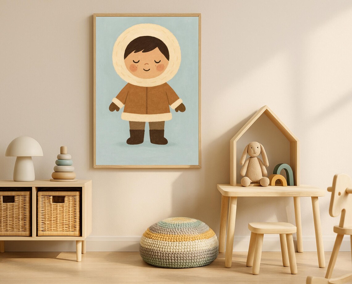 Smiling Arctic Kid in Brown Fur Hood Winter Coat Nursery Poster
