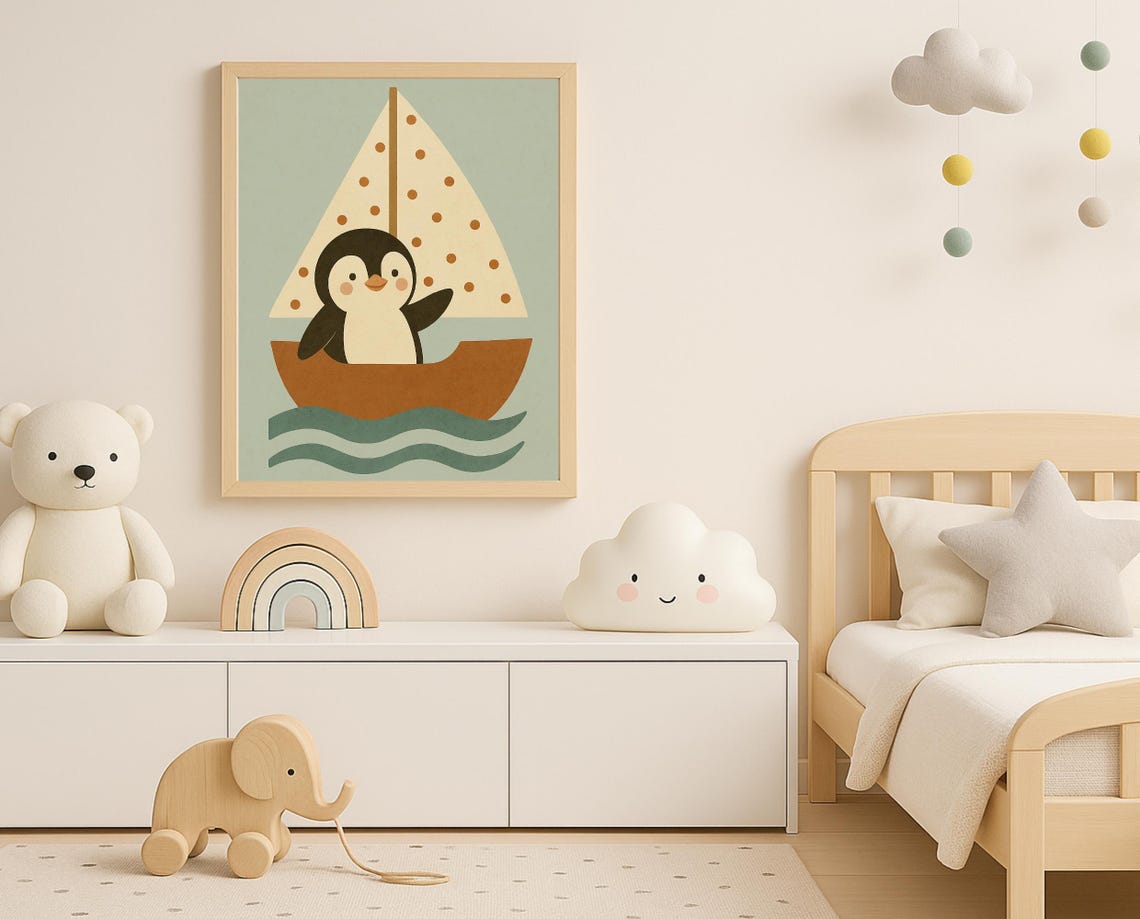 Sailing Penguin Nursery Wall Art Nautical Animal Print For Kids Room Cute Ocean Decor