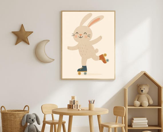 Roller Skating Bunny Wall Art Playful Rabbit Nursery Print Hobby Animal Series Cute Kids Room