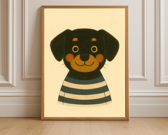Dog Nursery Wall Art Cute Animal Poster Kids Room Decor Striped Shirt Illustration