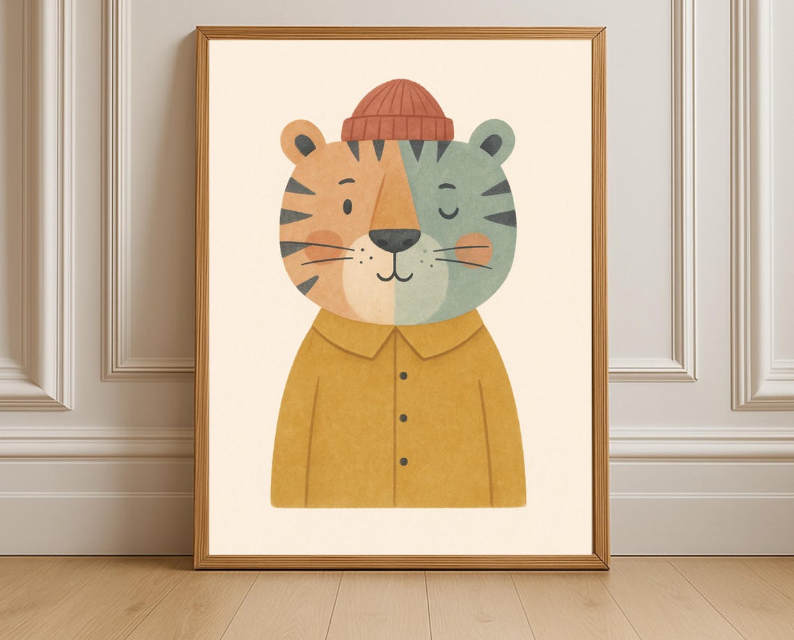 Cozy Tiger Portrait Cute Wild Cat Nursery Wall Art For Kids Room