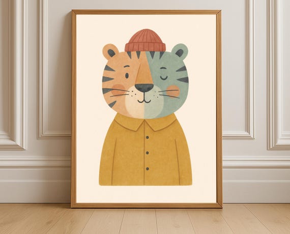 Cozy Tiger Portrait Wall Art Nursery Print Kids Room Decor Playroom Poster Illustration With Beanie