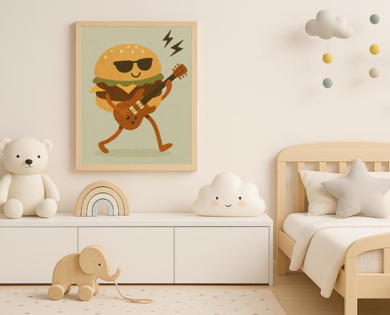 Rockstar Burger Wall Art Fun For Kids Room Nursery Guitarplaying Food Poster