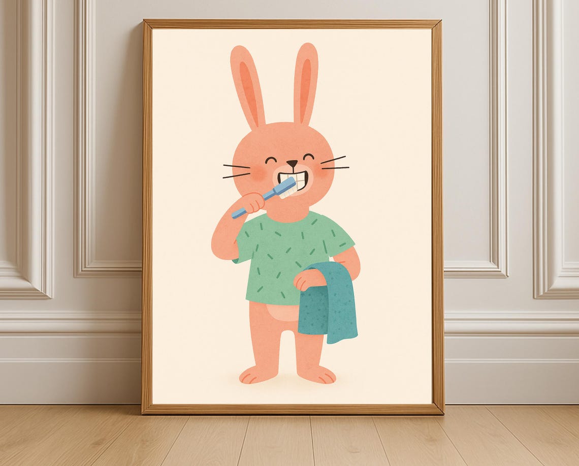 Happy Bunny Brushing Its Teeth Holding a Blue Towel Nursery Poster