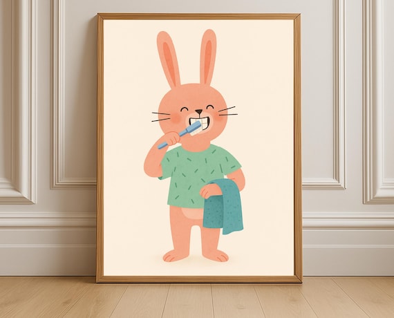 Happy Bunny Brushing Its Teeth Holding a Blue Towel Nursery Poster