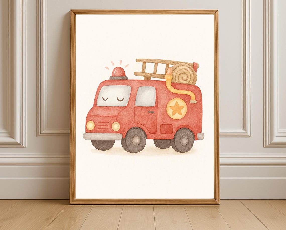 Red Watercolor Fire Truck with Ladder and Star Badge Kids Poster