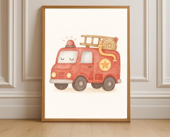 Fire Truck Wall Art Watercolor Nursery Vehicle Poster Toddler Room Emergency