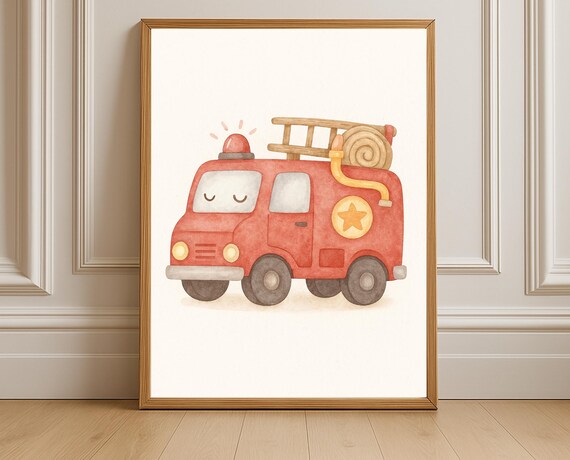 Red Watercolor Fire Truck with Ladder and Star Badge Kids Poster