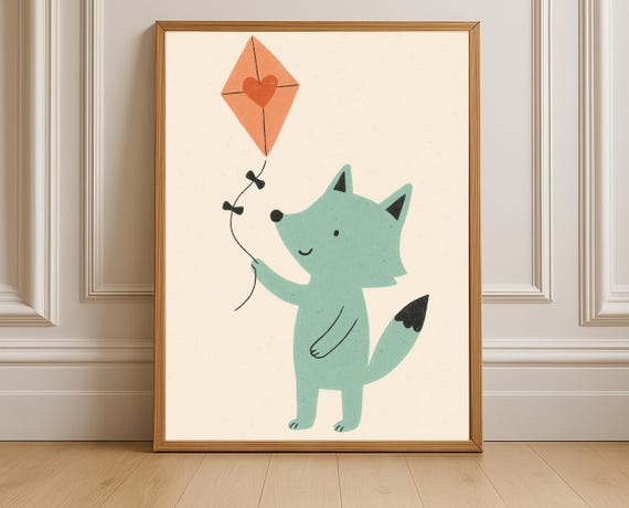 Fox With Heart Kite Nursery Wall Art Kids Room Decor Gender Neutral Instant