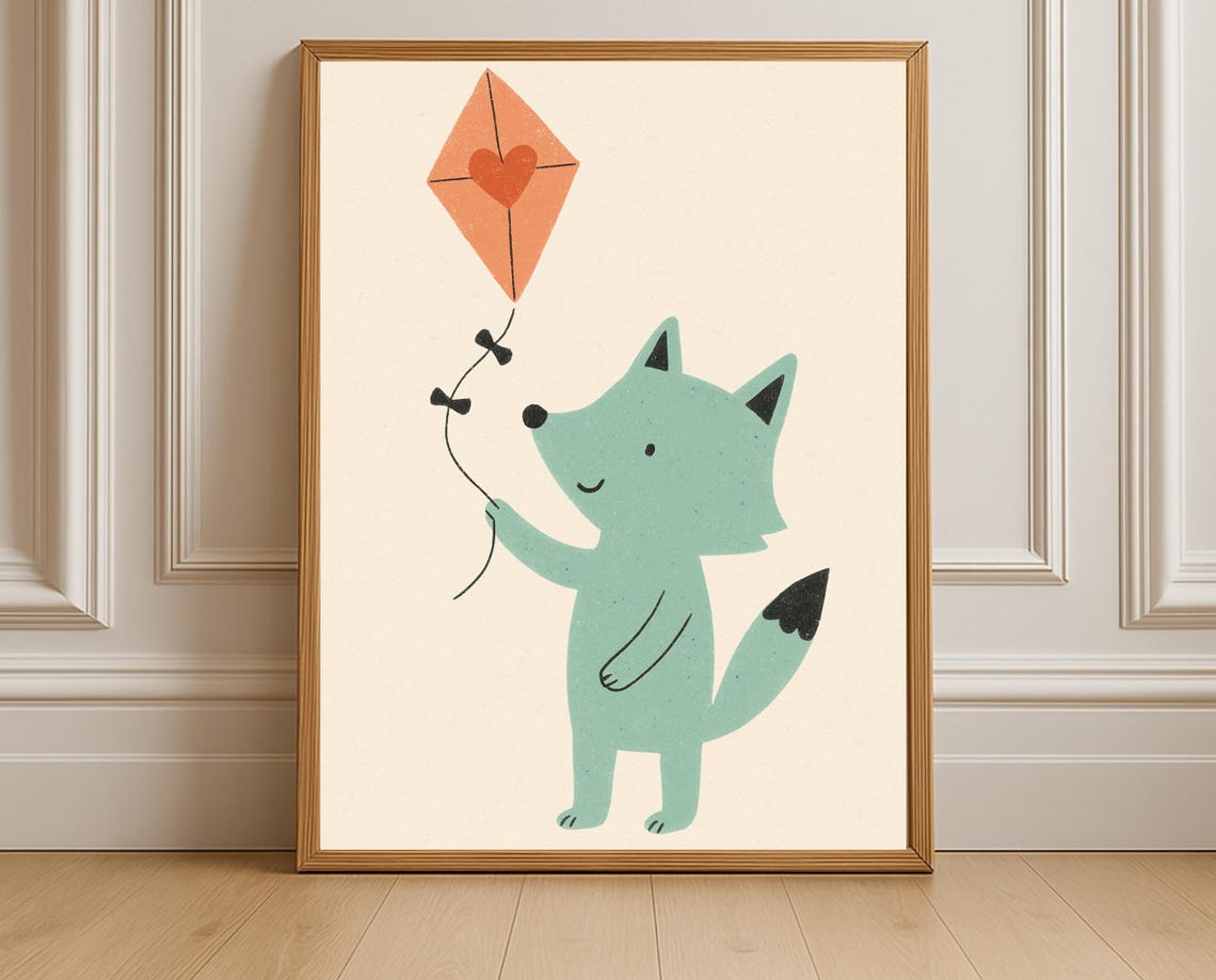 Mint Green Fox Holding Heart Kite Gender Neutral Nursery Poster