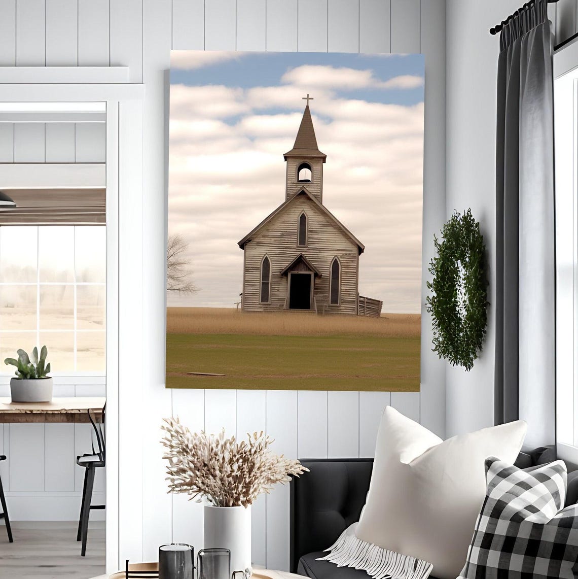 Wooden Country Church with Tall Steeple in an Open Field Poster