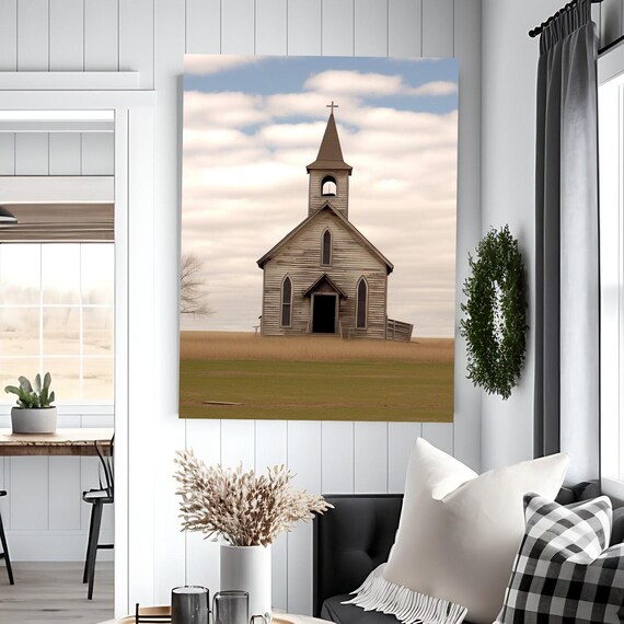 Wooden Country Church with Tall Steeple in an Open Field Poster