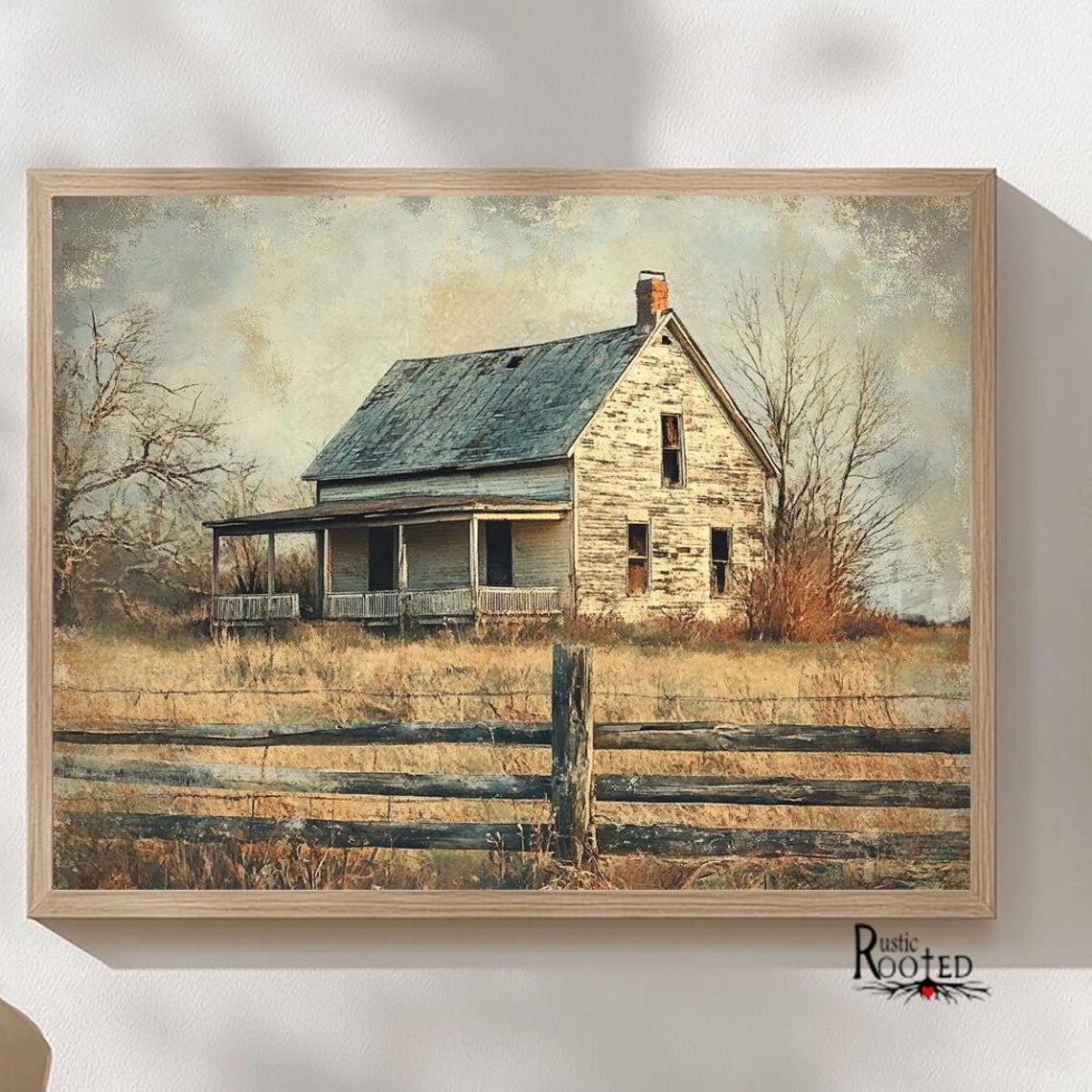 Abandoned White Farmhouse with Porch Behind a Rustic Fence Poster - Image 3