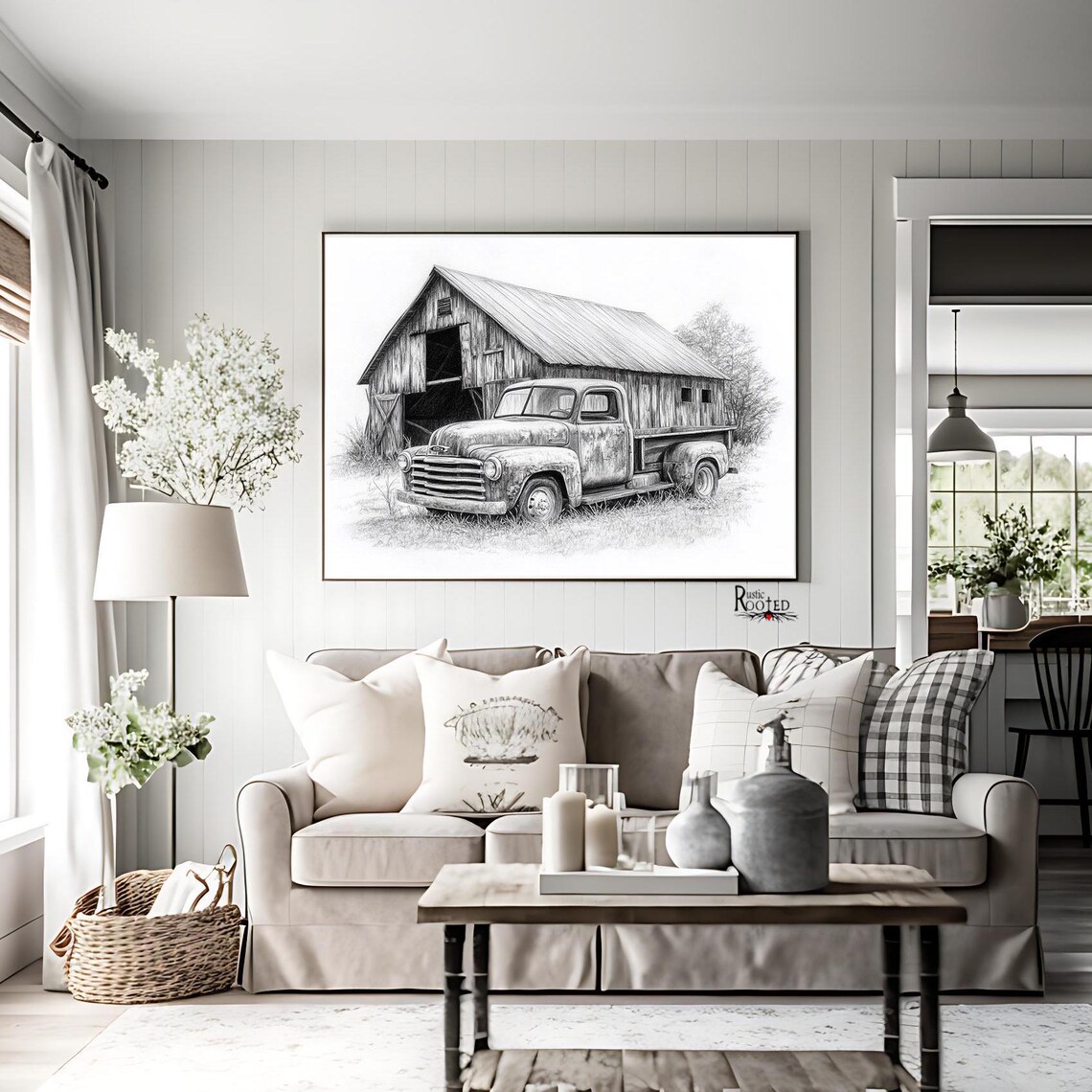 Old Country Barn & Vintage Truck Charcoal Art Print - Image 2
