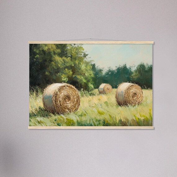 Impressionist Hay Bales in a Sunlit Field Country Farm Landscape Poster