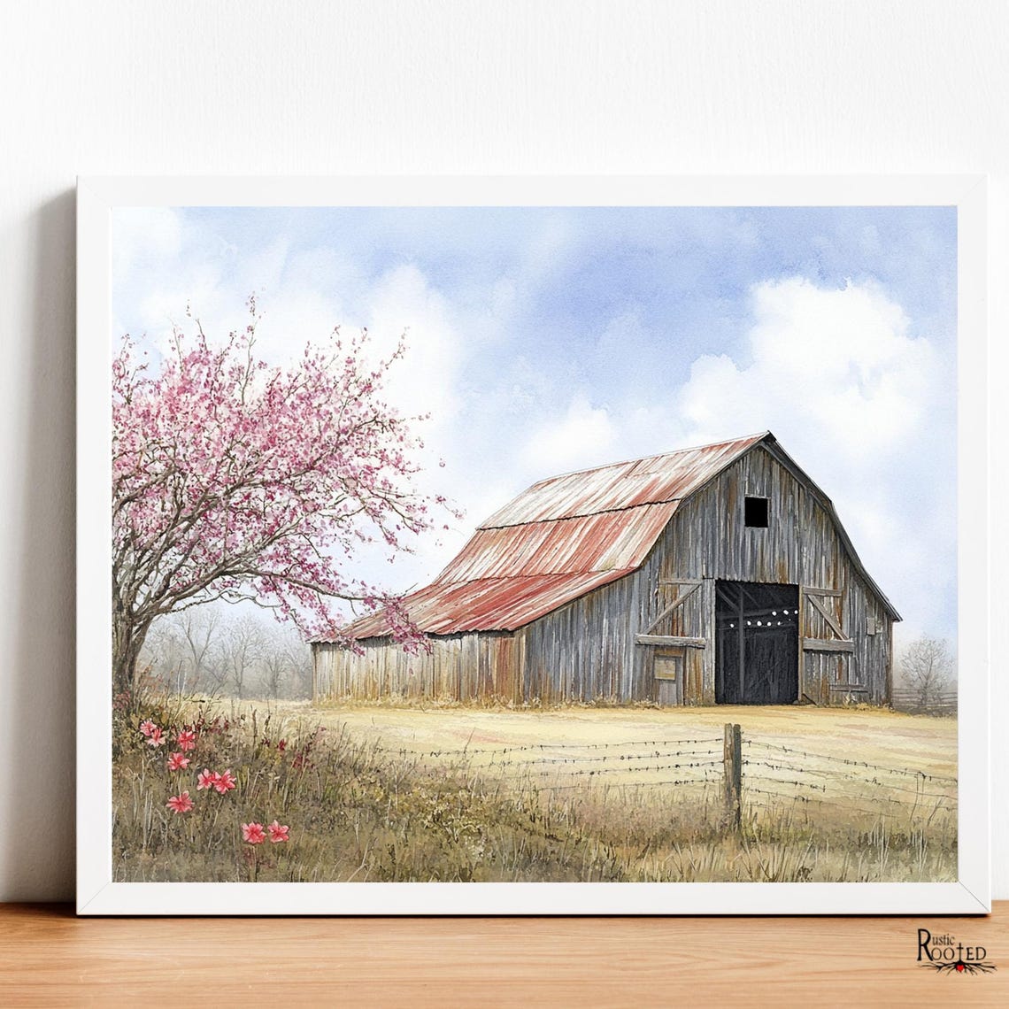 Weathered Barn with Pink Flowering Tree Spring Farm Scene Poster - Image 3