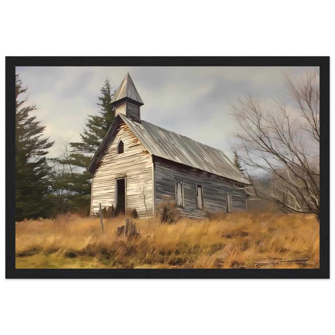 Old Wooden Chapel in Tall Grass Surrounded by Pine Trees Poster - Image 4