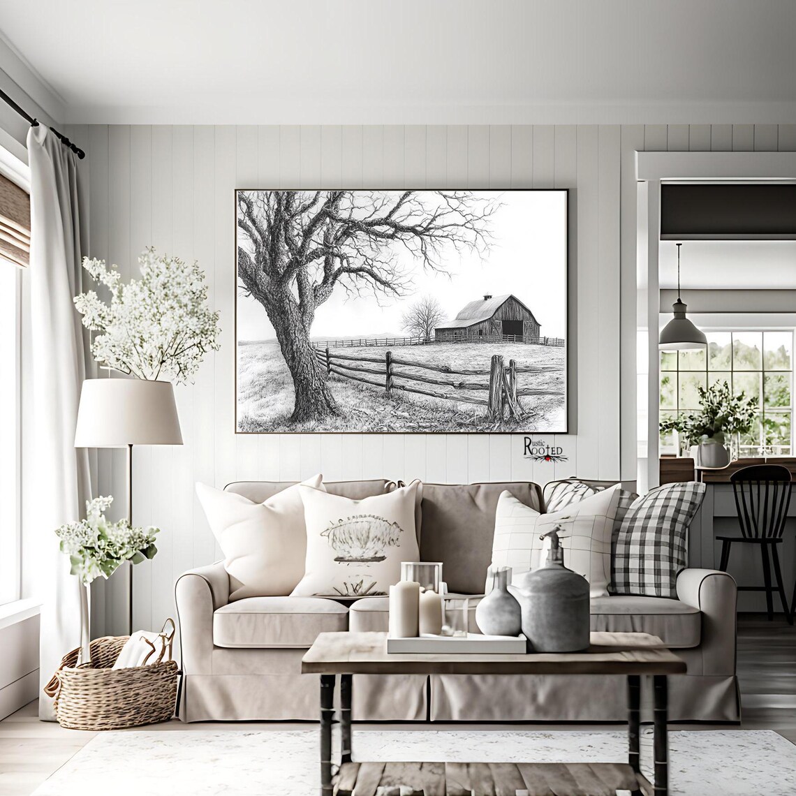 Charcoal Drawing of a Big Oak Tree Barn and Wooden Fence Poster - Image 2
