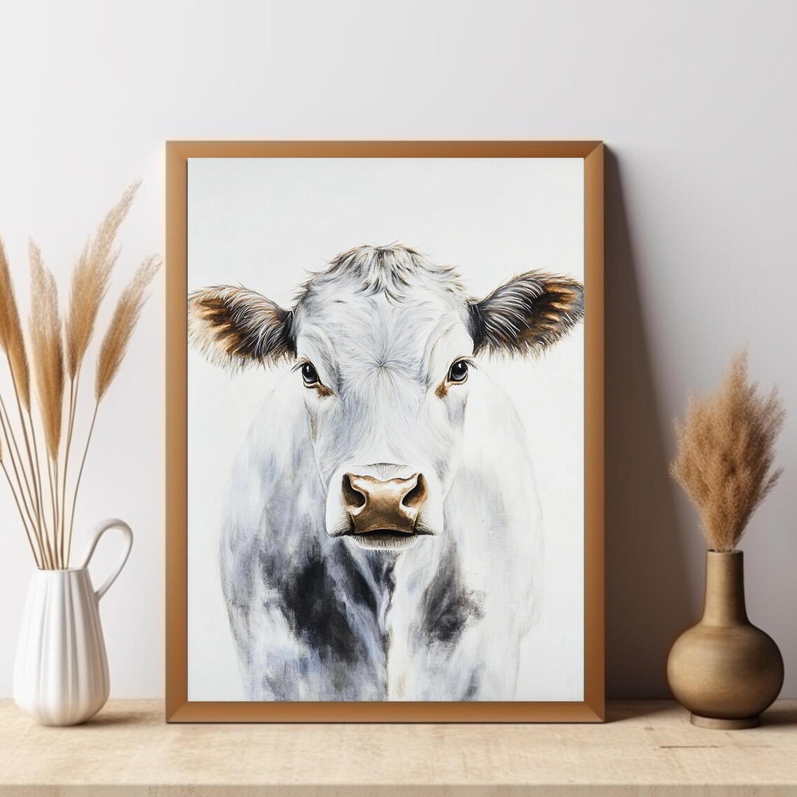 Front-Facing White Cow Portrait on White Minimalist Farm Poster - Image 3