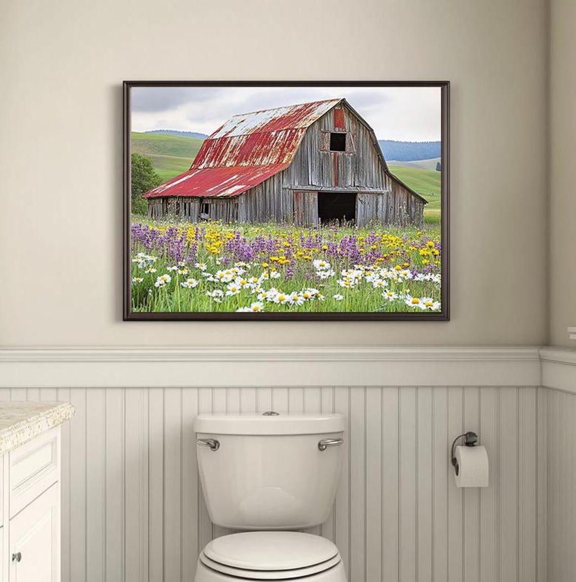 Rustic Red Barn Photo in Wildflower Meadow Country Farm Poster - Image 4