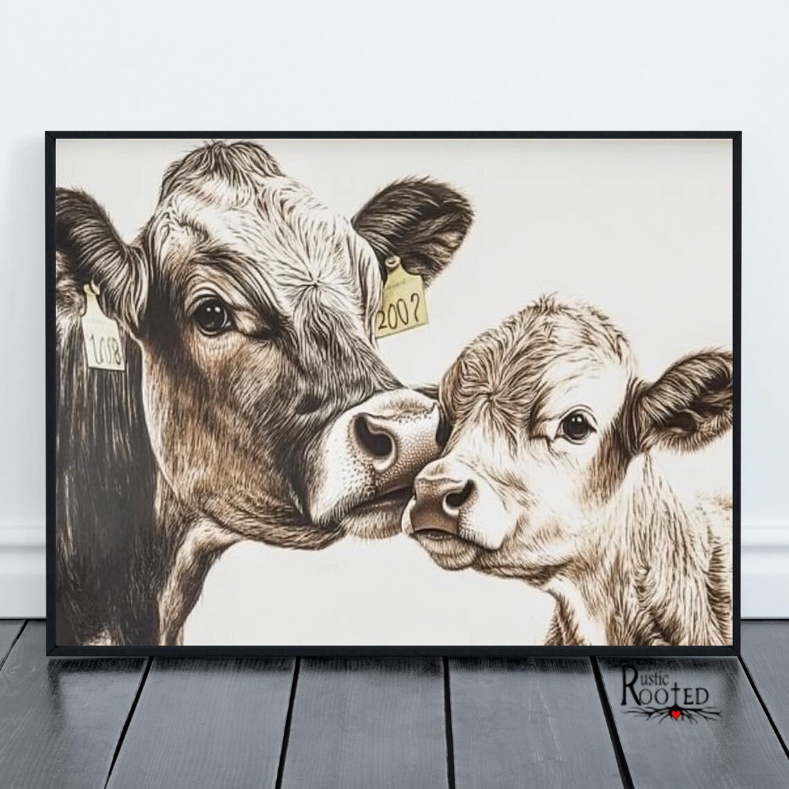 Mother Cow and Calf Nuzzling Sepia Tone Farm Animal Art Poster - Image 4
