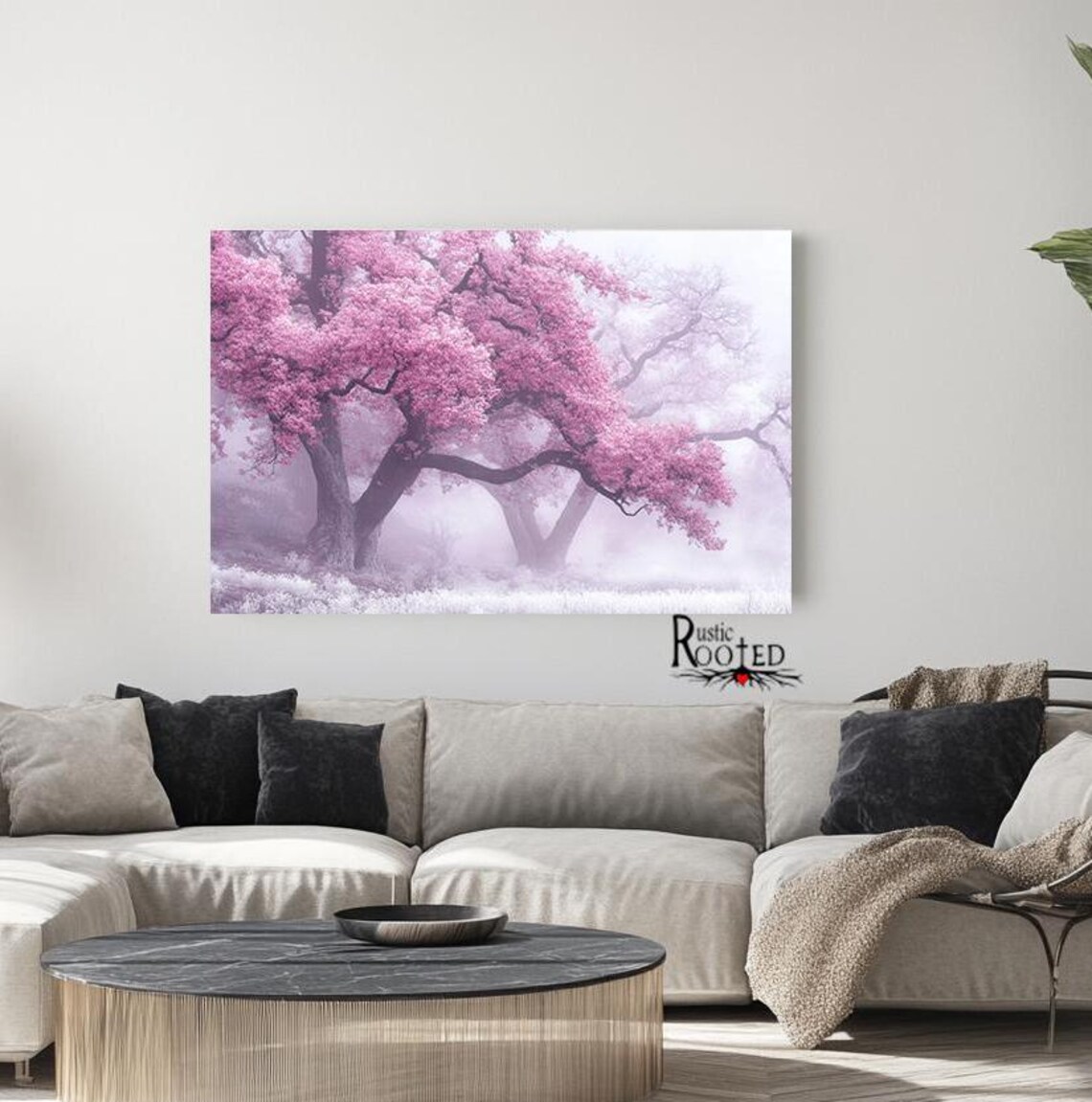 Pink Flowering Trees in Soft Foggy Spring Landscape Scene Poster - Image 3