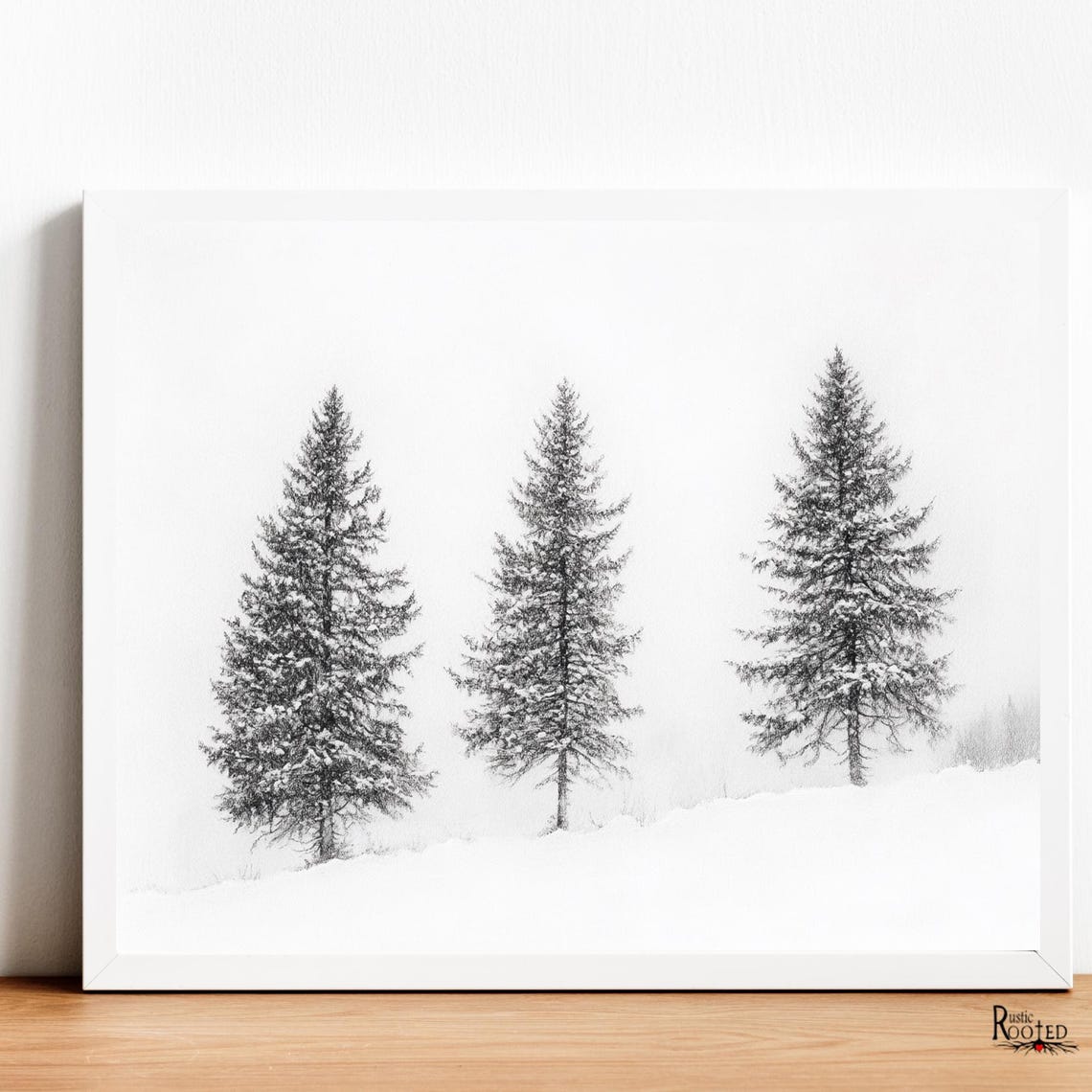 Three Snowy Evergreen Trees Minimalist Winter Landscape Poster - Image 3