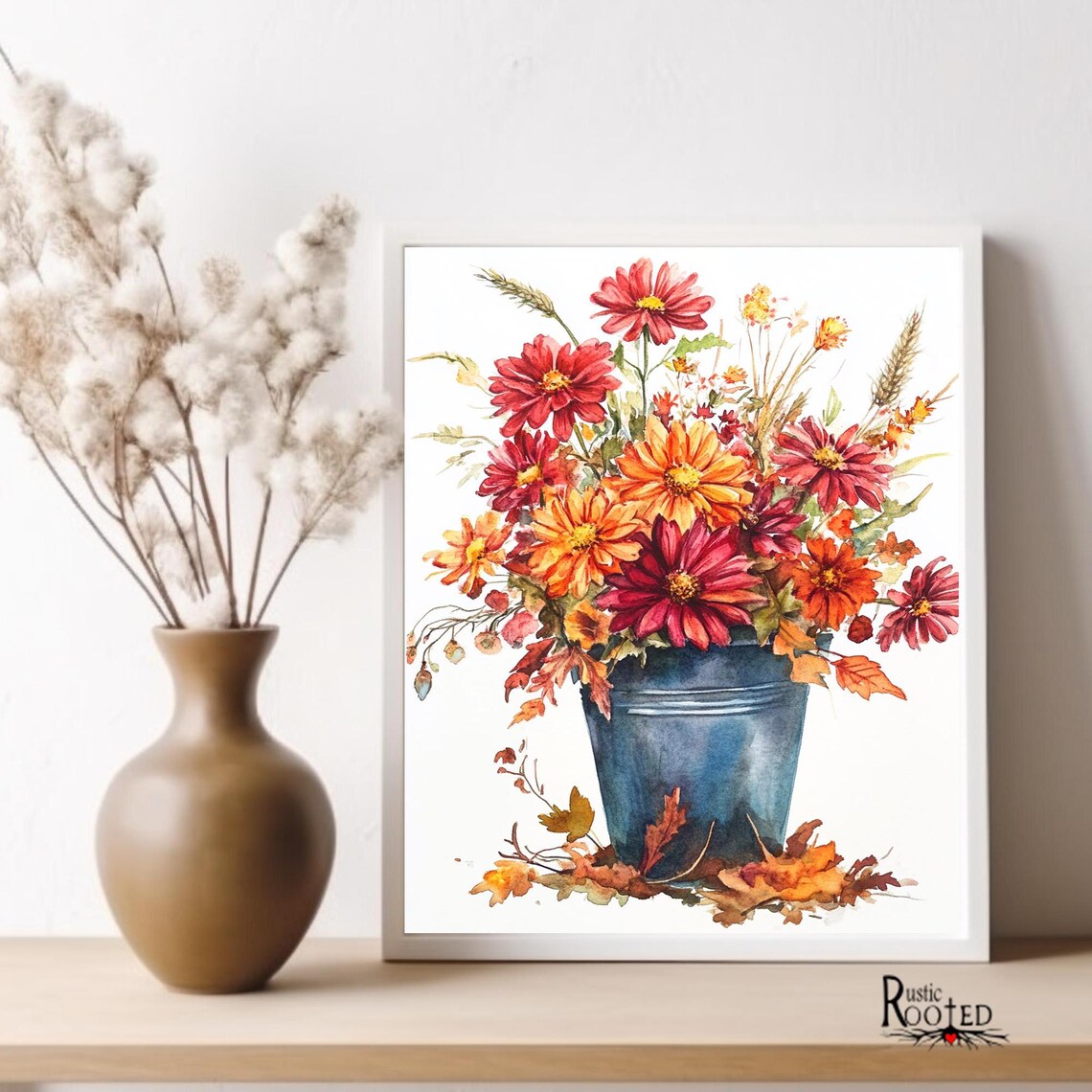 Watercolor Fall Flowers in a Blue Bucket Bouquet Painting Poster