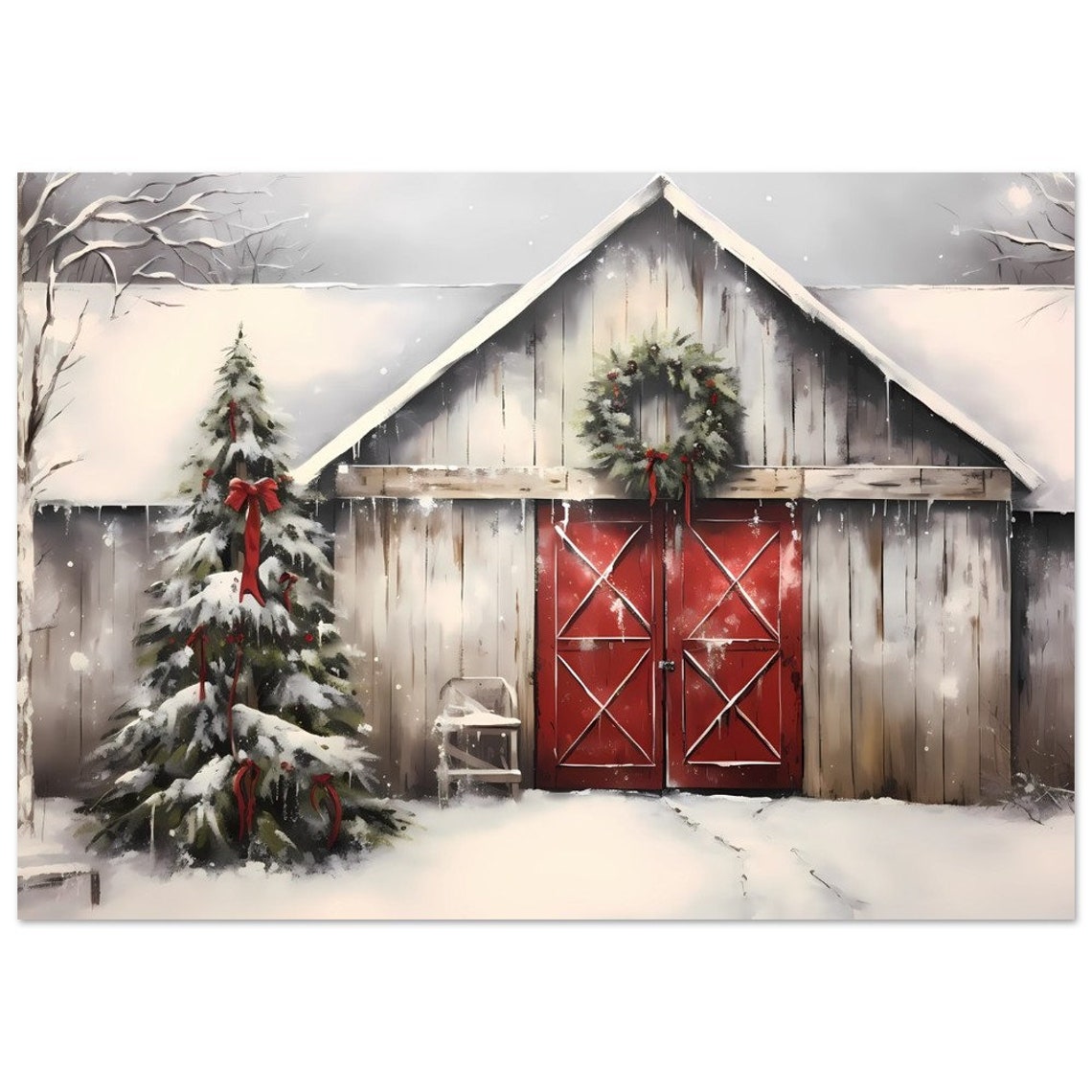 Snowy Winter Red Barn with Christmas Tree Holiday Scene Poster - Image 3
