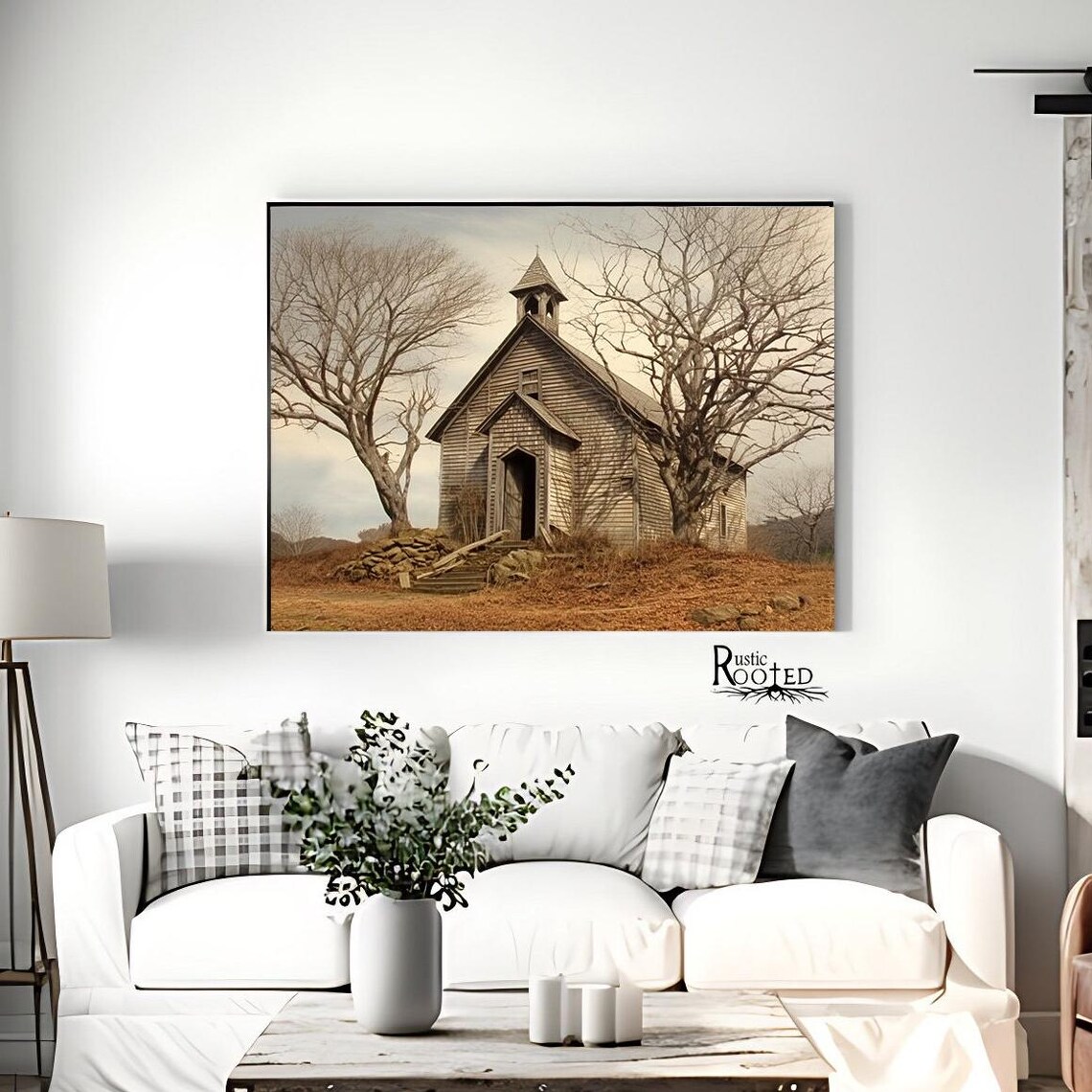 Vintage Whitewashed Church, Rustic Farmhouse Art Print