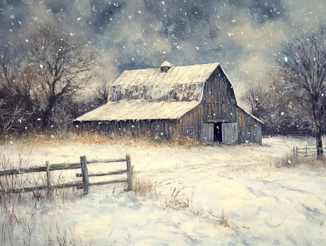Old Barn in a Snowstorm Painting with Rustic Wooden Fence Poster - Image 2