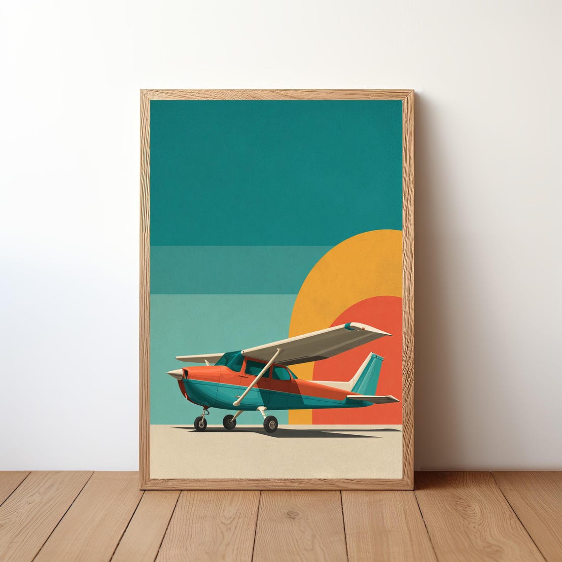 Orange Teal Propeller Plane Retro Sunset Aviation Style Poster