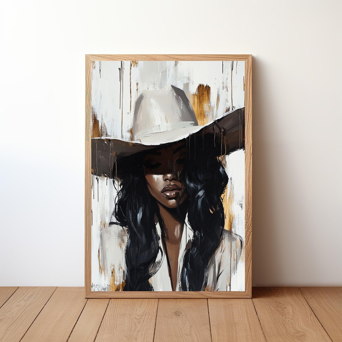 Cowgirl White Hat Dark Hair Abstract Portrait Painting Wall Art