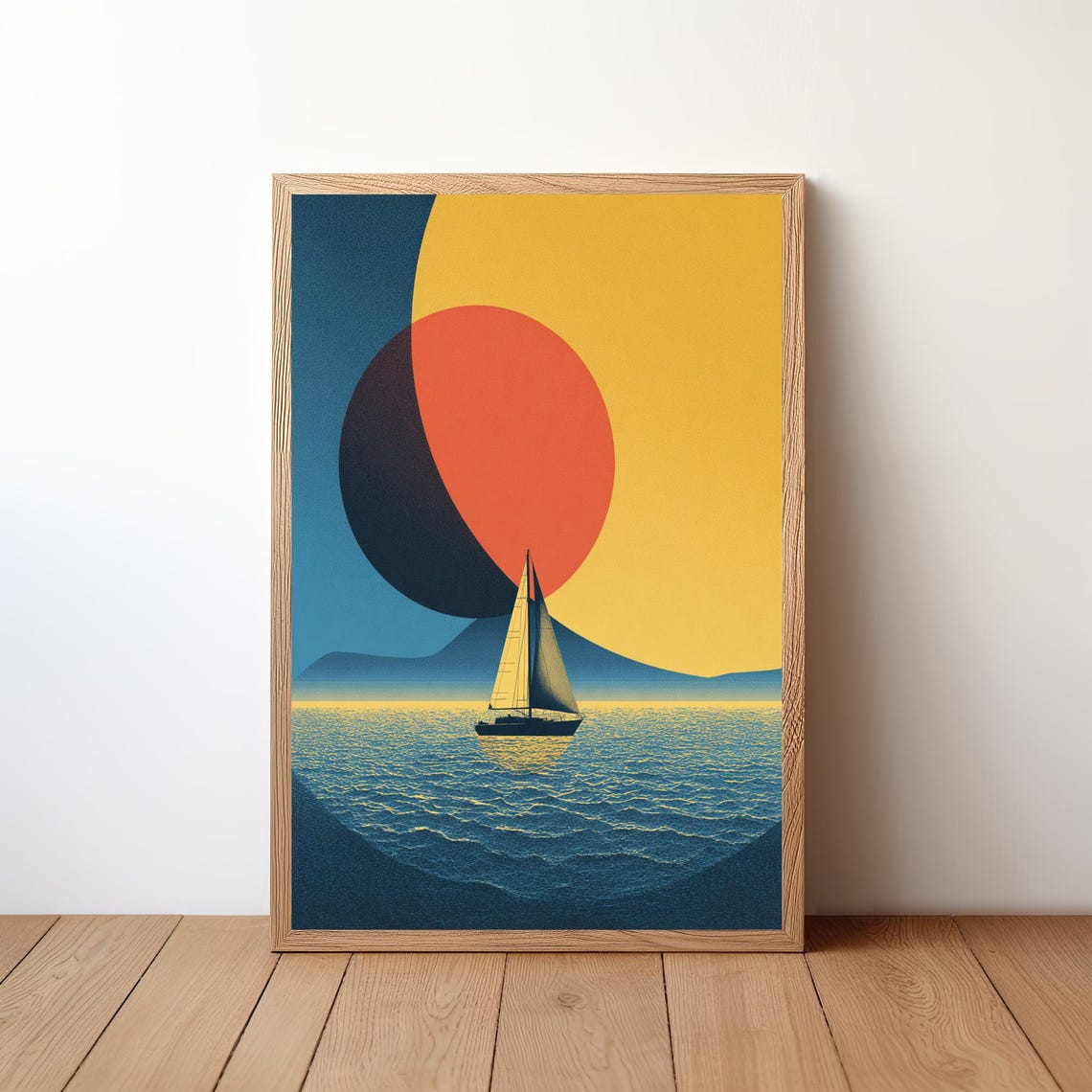 Sailboat Giant Sun Abstract Yellow Blue Modern Minimalist Art Poster