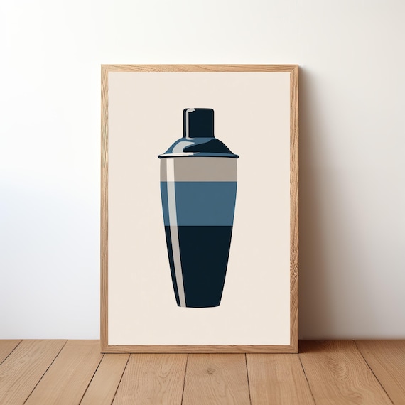 Blue Striped Cobbler Cocktail Shaker Minimal Vector Wall Art