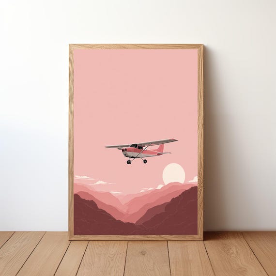 Minimalist Cessna Plane Poster Modern Aviation Wall Art Small Aircraft In Sky Print Simple Pilot Decor Clean Flight Illustration Avi33