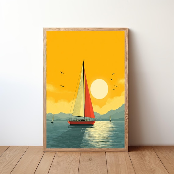 Red Sailed Sailboat On Calm Water Bold Yellow Sky Retro Flat Art Poster