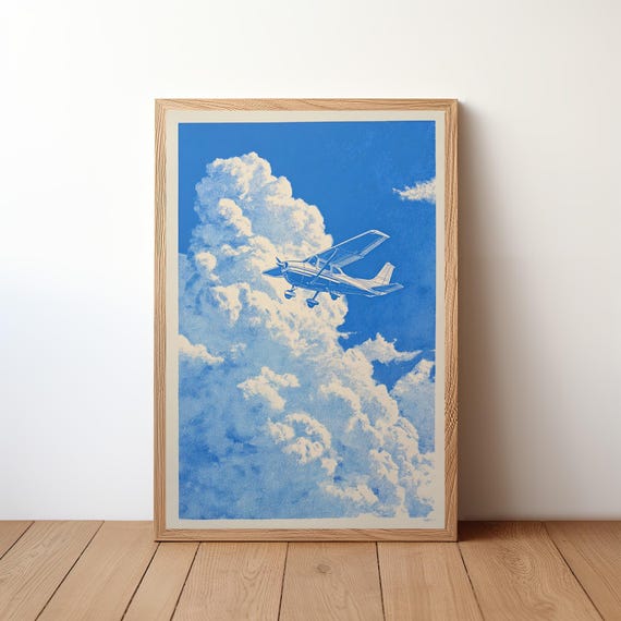 Minimalist Cessna Plane Poster Modern Aviation Wall Art Small Aircraft In Sky Print Simple Pilot Decor Clean Flight Illustration Avi18