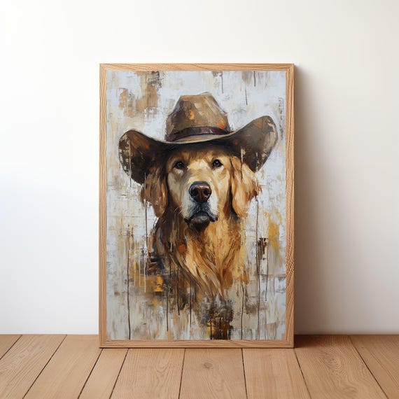 Cowboy Dog Wall Art Western Print Rustic Farmhouse Decor Funny Painting Pet Artwork Lover Gift Poster Dog30