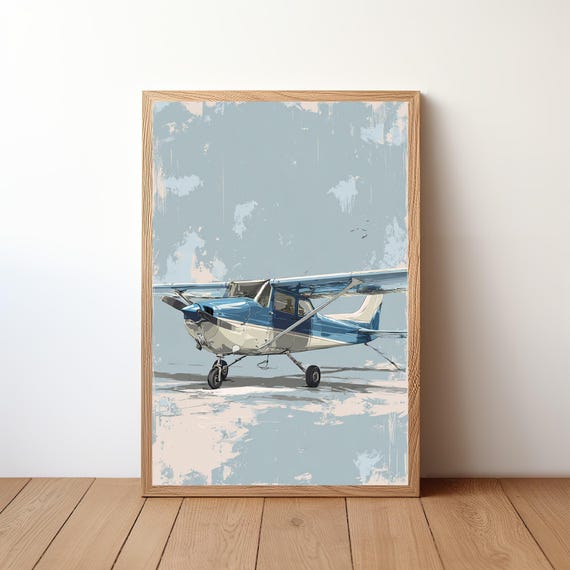 Minimalist Cessna Plane Poster Modern Aviation Wall Art Small Aircraft In Sky Print Simple Pilot Decor Clean Flight Illustration Avi49