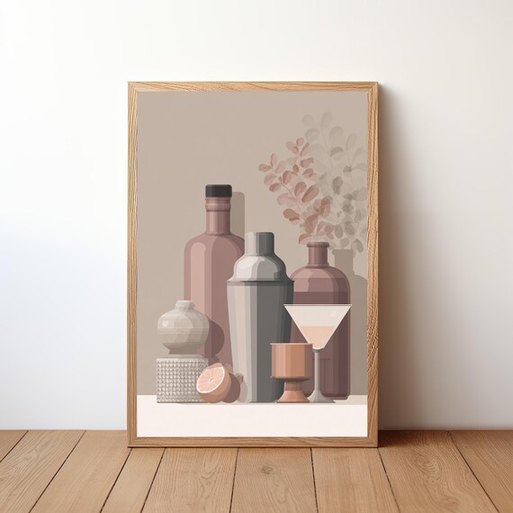 Minimalist Cocktail Shaker Bar Scene Modern Kitchen Wall Art