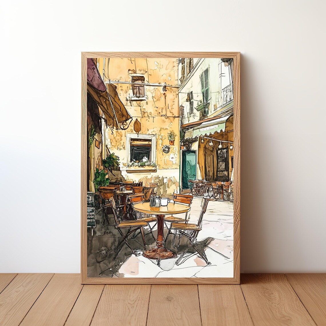 Italy Cafe Sunlit Courtyard Outdoor Tables Watercolor European Street Poster