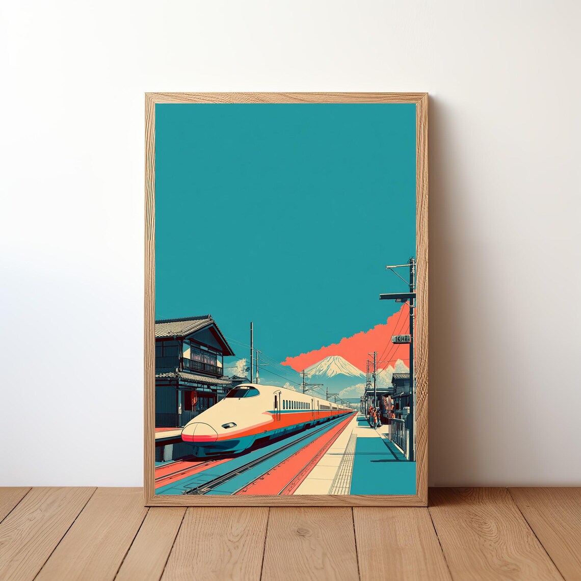 Japanese Shinkansen Bullet Train At Mount Fuji Retro Travel Art Poster
