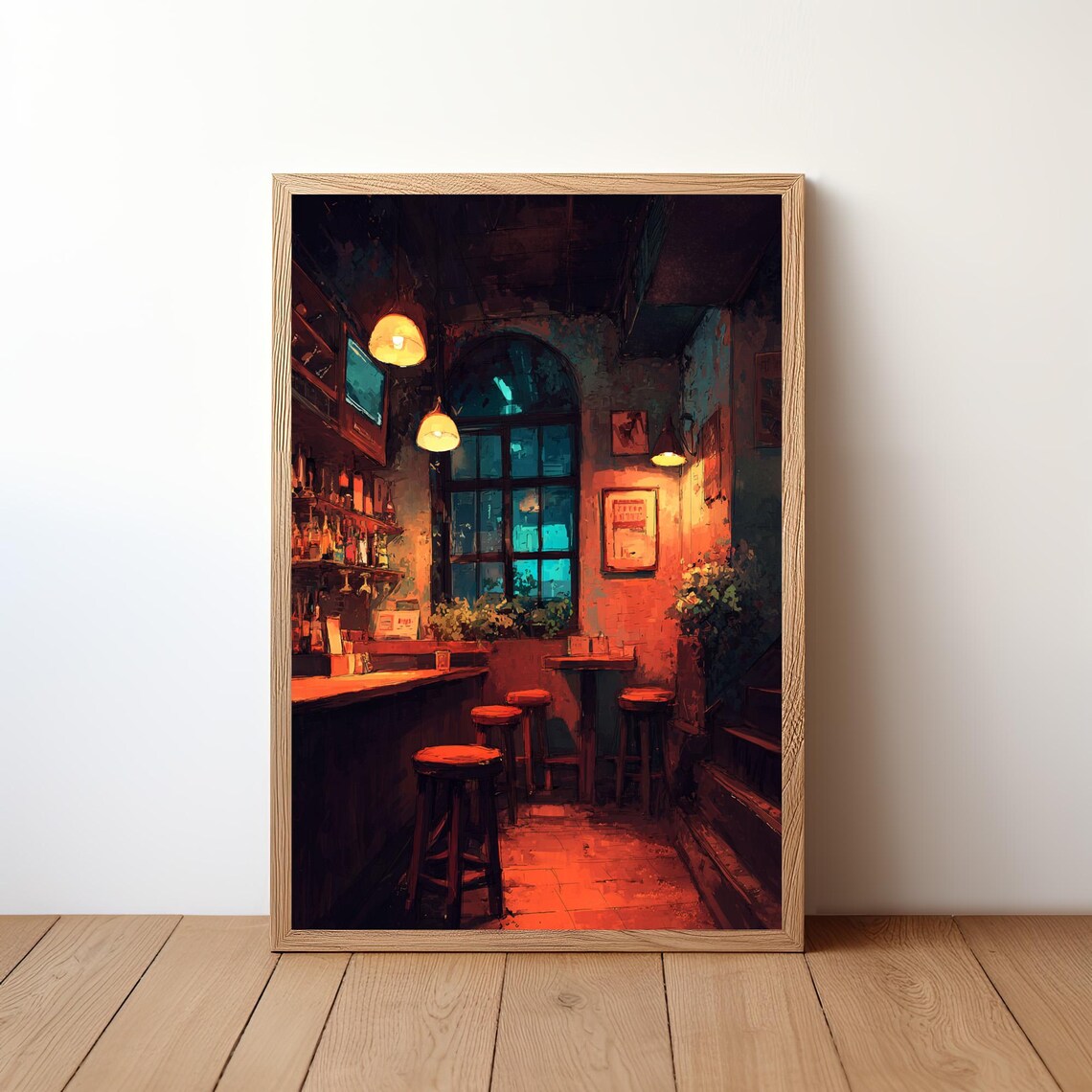Cozy Night Bar Warm Orange Teal Glow Evening Illustration Poster