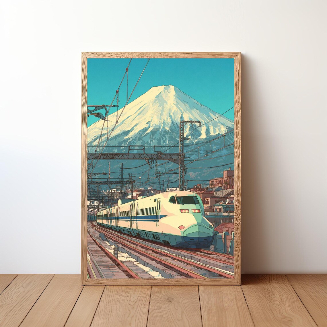 Japanese Bullet Train Teal Mount Fuji Pop Art Shinkansen Poster