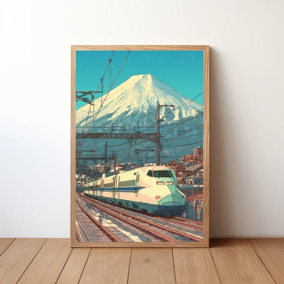 Japanese Bullet Train Poster Modern Shinkansen Wall Art Mt Fuji Landscape Print Retro Travel Decor High Speed Railway Illustration Rb52