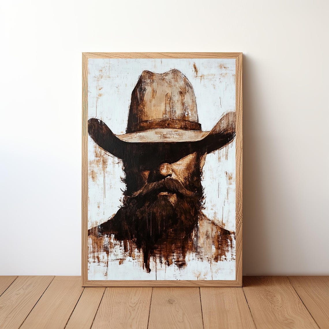 Bearded Cowboy Shadowed Hat Western Brushstroke Portrait Wall Art