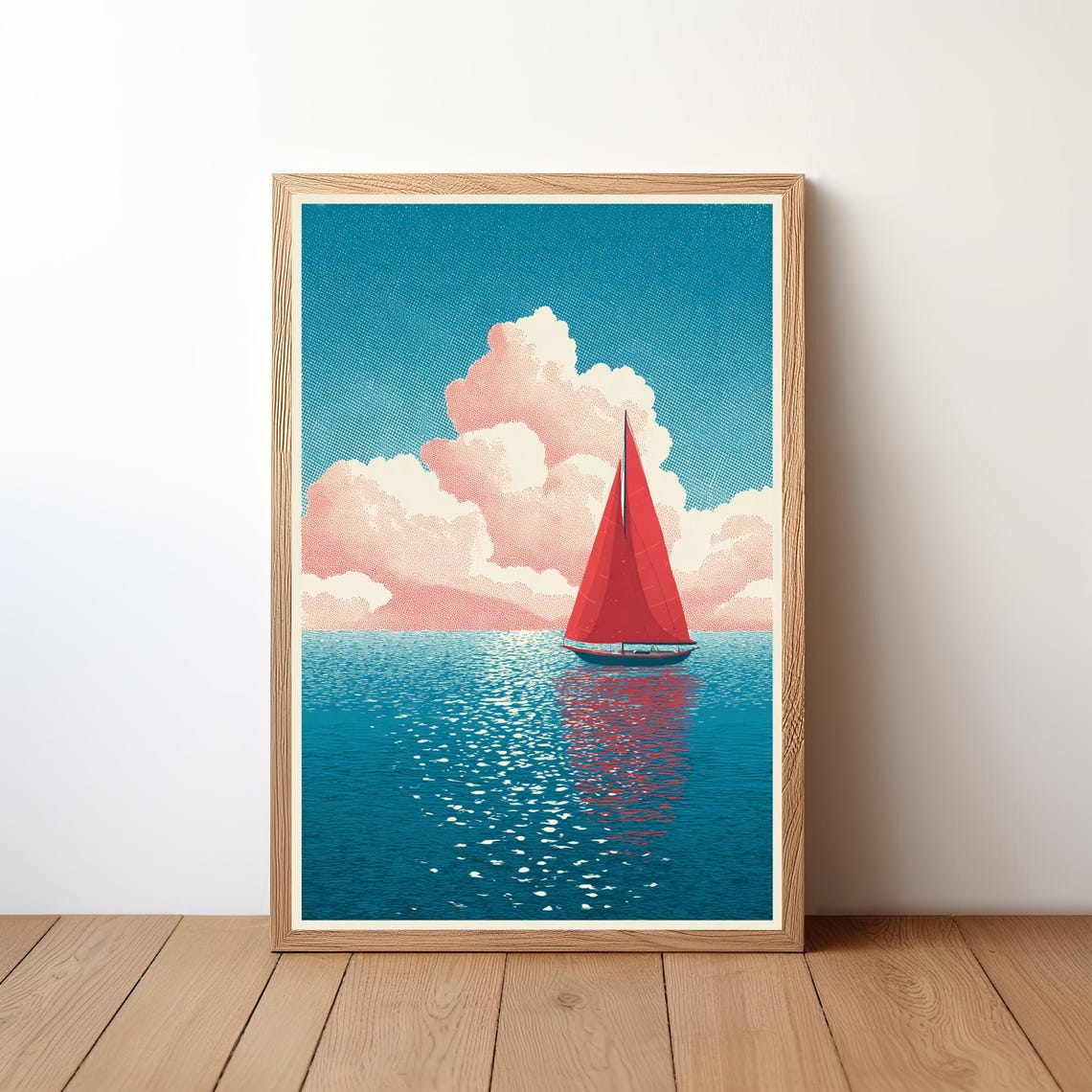 Red Sailboat On Teal Ocean Retro Minimalist Nautical Decor Poster