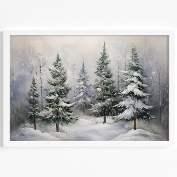 Snowy Pine Forest Winter Print Wall Art Rustic Landscape Masculine Neutral Decor